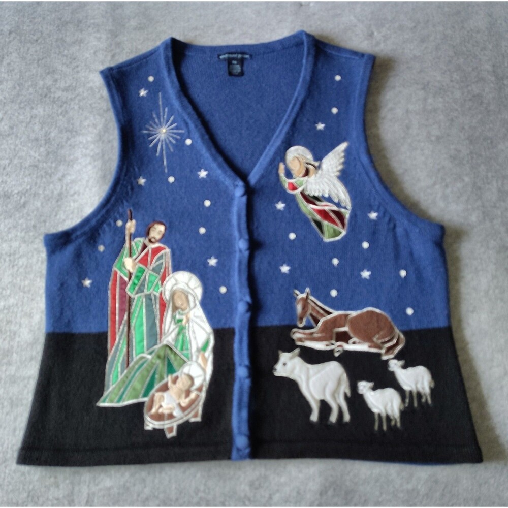 Vintage Westbound Petites PM Nativity Christmas Sweater Vest Embroidered Ramie